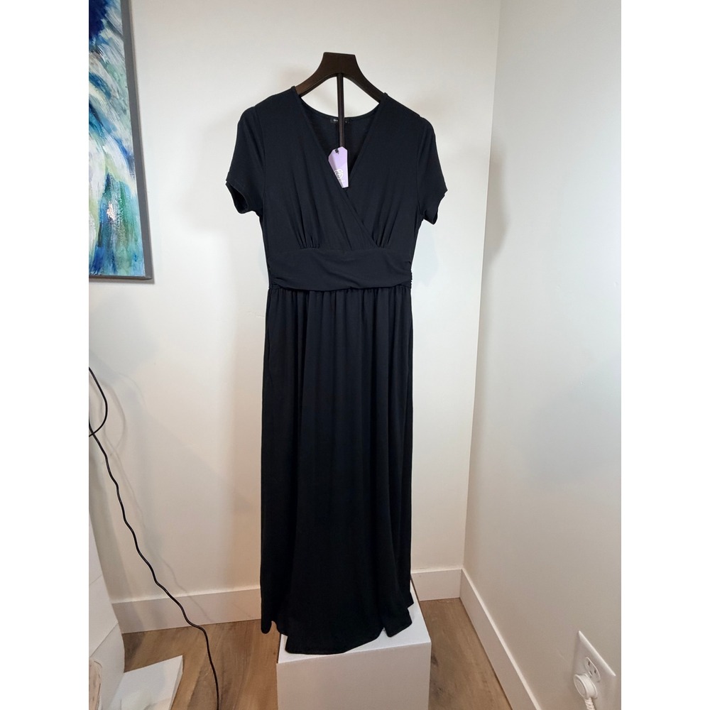 Gracyoga Womens Black Short Sleeve V-Neck Empire Waist Maxi Dress Large NWT